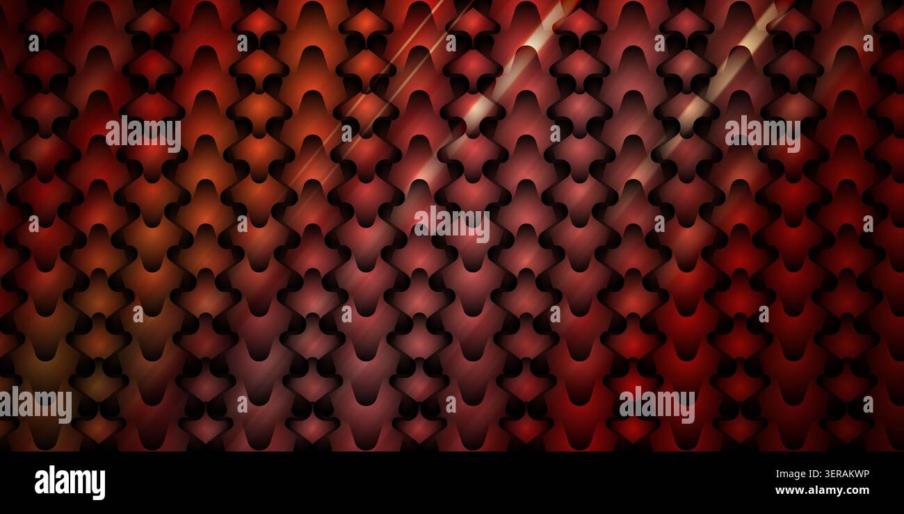 Ein nahtloser abstrakter Hintergrund mit einem sich wiederholenden Muster roter 3D-Formen mit dezentem diagonalem Lichteffekt und tiefen Schatten. Stockfoto