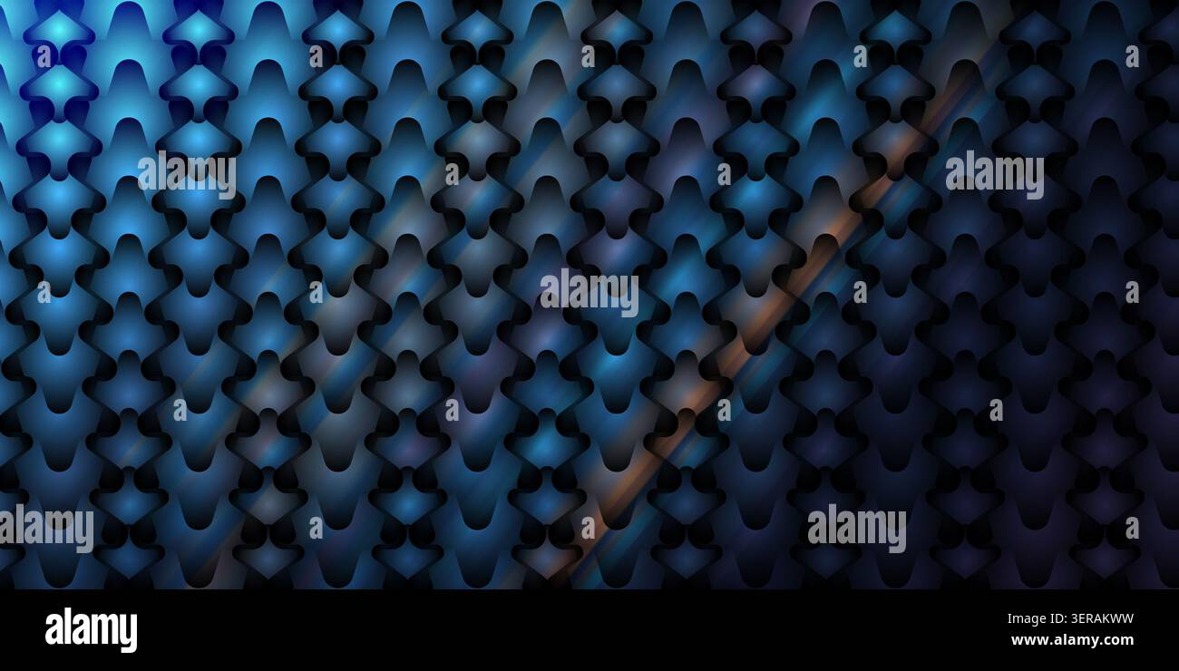 Ein nahtloser abstrakter Hintergrund mit einem sich wiederholenden Muster blauer 3D-Formen mit dezentem diagonalem Lichteffekt und tiefen Schatten. Stockfoto