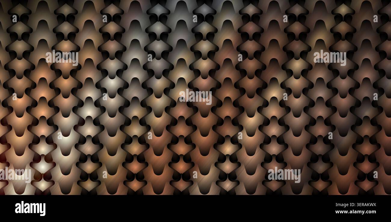 Ein raffinierter abstrakter Hintergrund mit einem sich wiederholenden, schuppenartigen Muster mit einem warmen Metallic-Finish aus Bronze und Kupfer und sanfter Beleuchtung. Stockfoto
