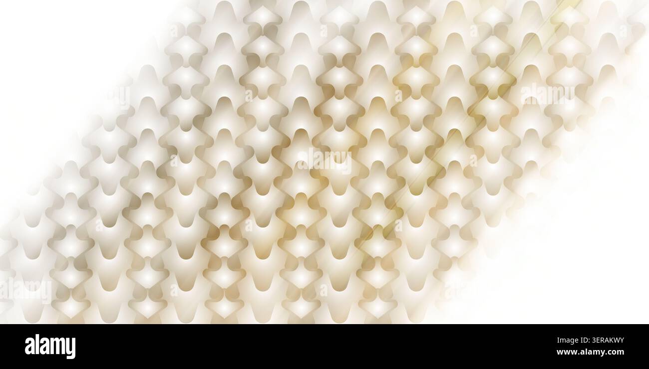 Ein sauberer und eleganter abstrakter Hintergrund mit einem sich wiederholenden, schuppenartigen Muster mit einem weiß-goldenen Metallic-Finish, isoliert auf weißem Hintergrund Stockfoto