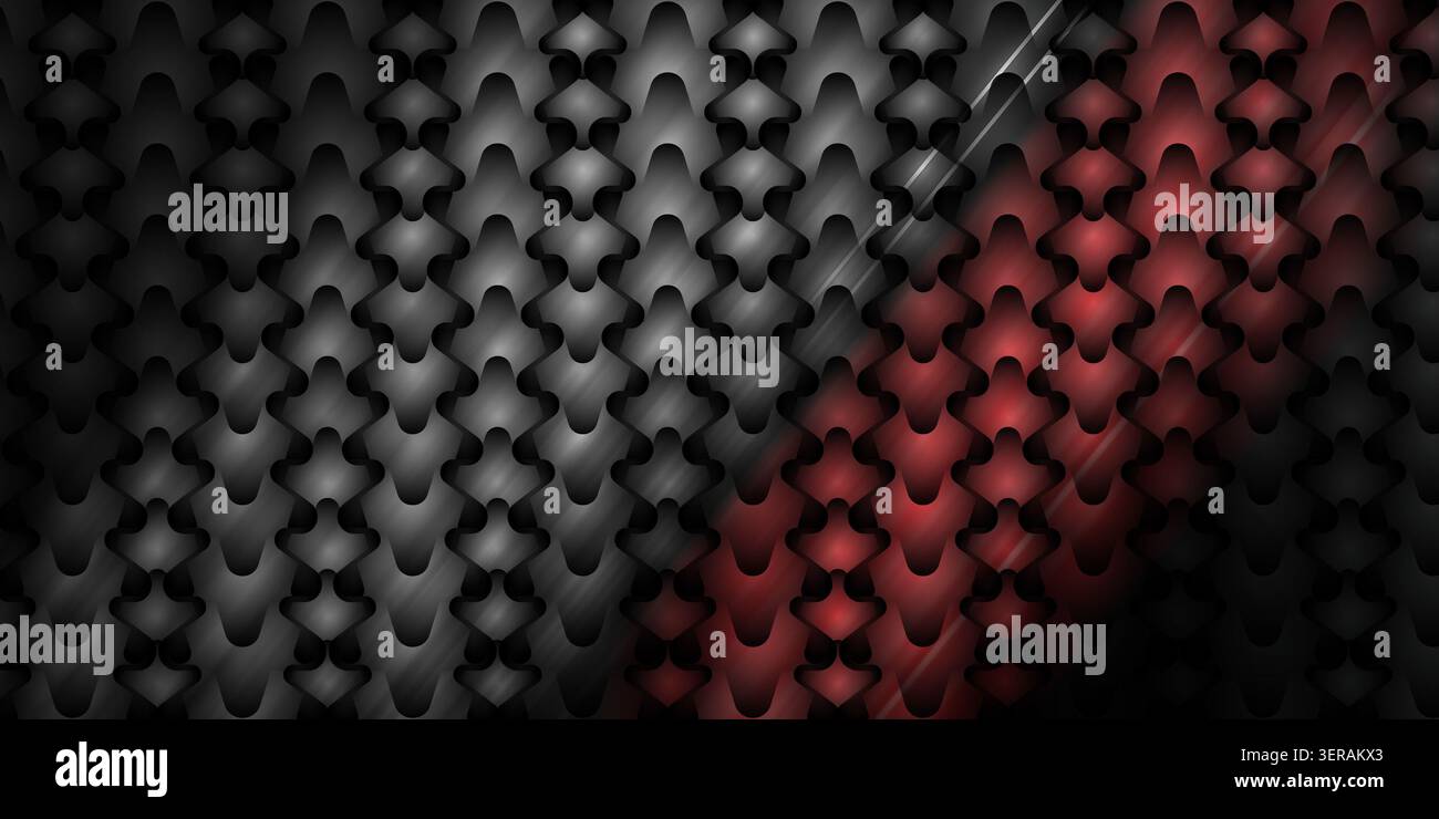Ein kontrastreicher abstrakter Hintergrund mit einem sich wiederholenden, skalenartigen Muster mit metallischer Textur, der von Dunkelgrau zu leuchtendem Rot übergeht. Stockfoto