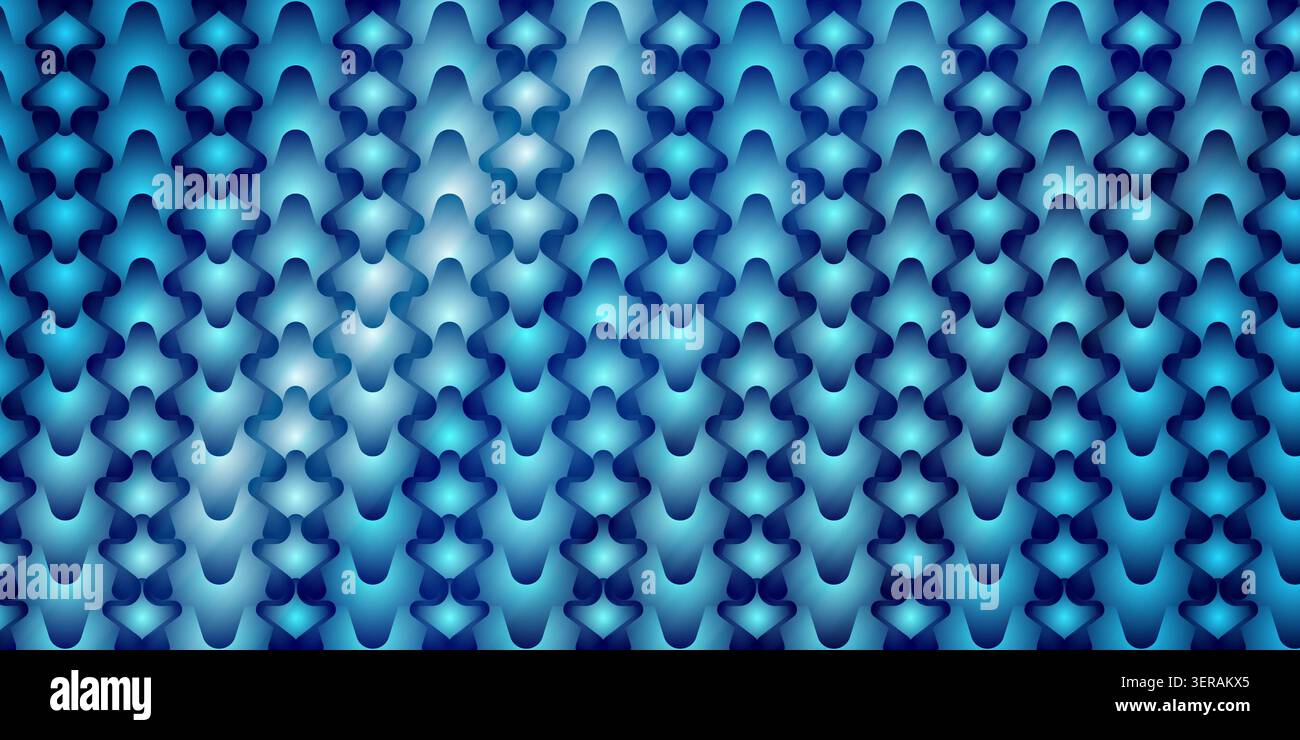 Ein nahtloser abstrakter Hintergrund mit einem sich wiederholenden Muster blauer 3D-Formen mit weichen leuchtenden Lichtern und tiefen Schatten. Stockfoto