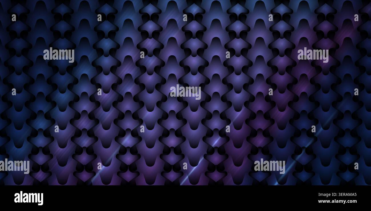 Ein nahtloser abstrakter Hintergrund mit einem sich wiederholenden Muster aus stilisierten metallischen Skalen mit einem dunkelblauen und violetten Farbverlauf. Stockfoto