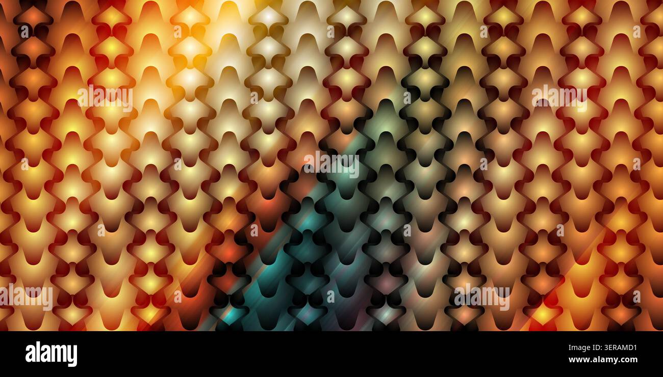 Ein nahtloser abstrakter Hintergrund mit einem sich wiederholenden Muster aus stilisierten Metallic-Skalen mit einem leuchtenden goldenen und blauen Farbverlauf. Stockfoto