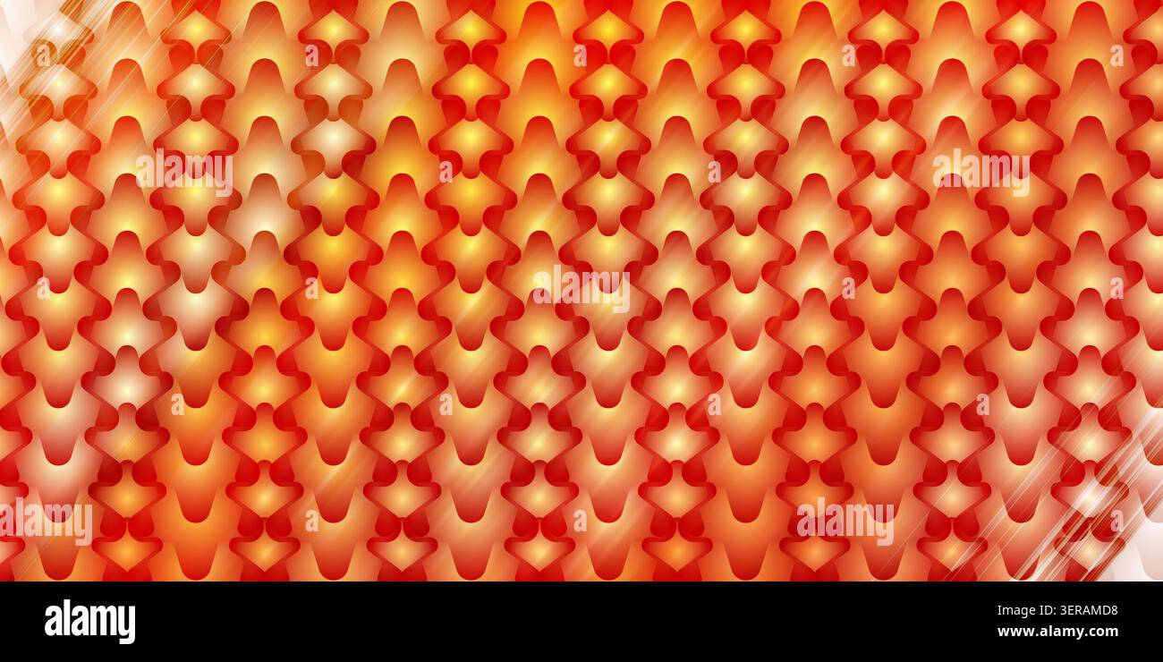 Ein nahtloser abstrakter Hintergrund mit einem sich wiederholenden Muster aus stilisierten metallischen Skalen mit einem leuchtenden roten und orangen Farbverlauf. Stockfoto