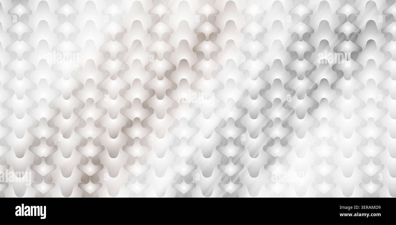 Ein nahtloser abstrakter Hintergrund mit einem sich wiederholenden Muster aus stilisierten, miteinander verbundenen weißen und grauen Formen mit weichem Verlauf und 3D-Effekt. Stockfoto
