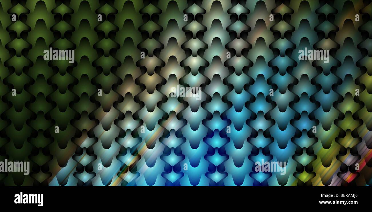 Ein nahtloser abstrakter Hintergrund mit einem sich wiederholenden Muster stilisierter organischer Formen mit einem lebendigen Farbverlauf von Grün- zu Blautönen. Stockfoto