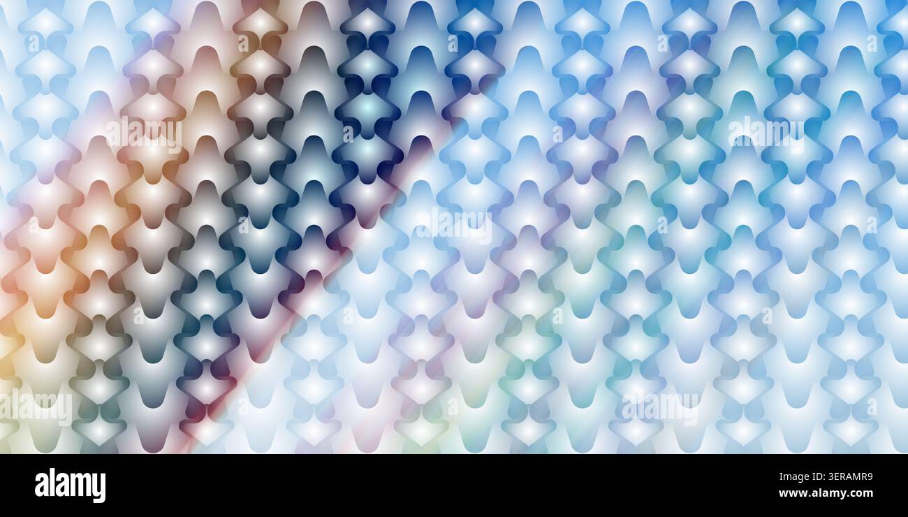 Ein nahtloser abstrakter Hintergrund mit einem sich wiederholenden Muster aus stilisierten, organischen, ineinander greifenden Formen mit sanftem Blau und dezenten, warmen Farbverläufen. Stockfoto