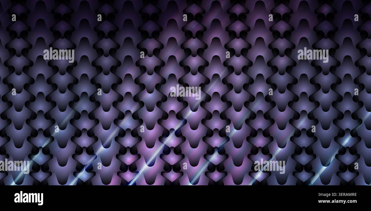 Ein leuchtender, abstrakter Hintergrund in violettem, sich wiederholendem Metallic-Skalenmuster, verstärkt durch dynamische diagonale Lichtstreifen und leuchtende Highlights. Stockfoto