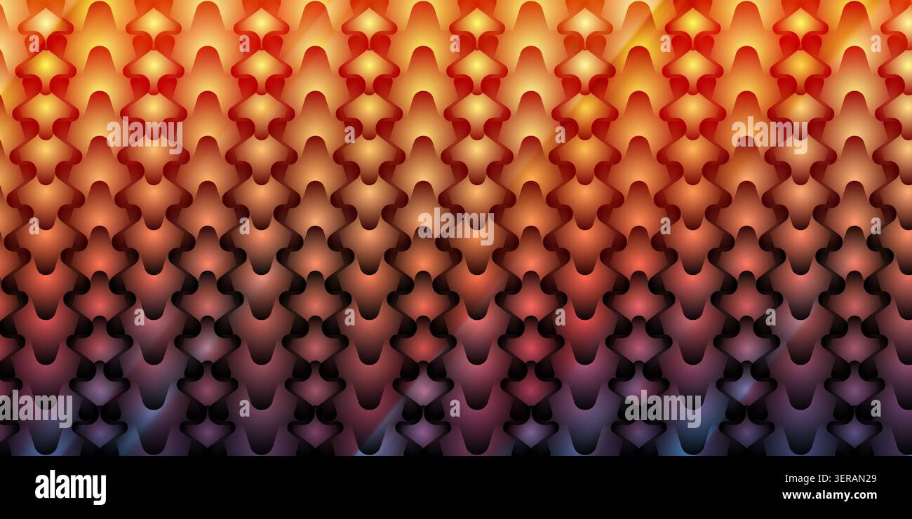 Ein abstrakter Hintergrund mit einem sich wiederholenden Skalenmuster, der durch warme orange, rote und violette Verläufe für einen dynamischen visuellen Effekt übergeht. Stockfoto