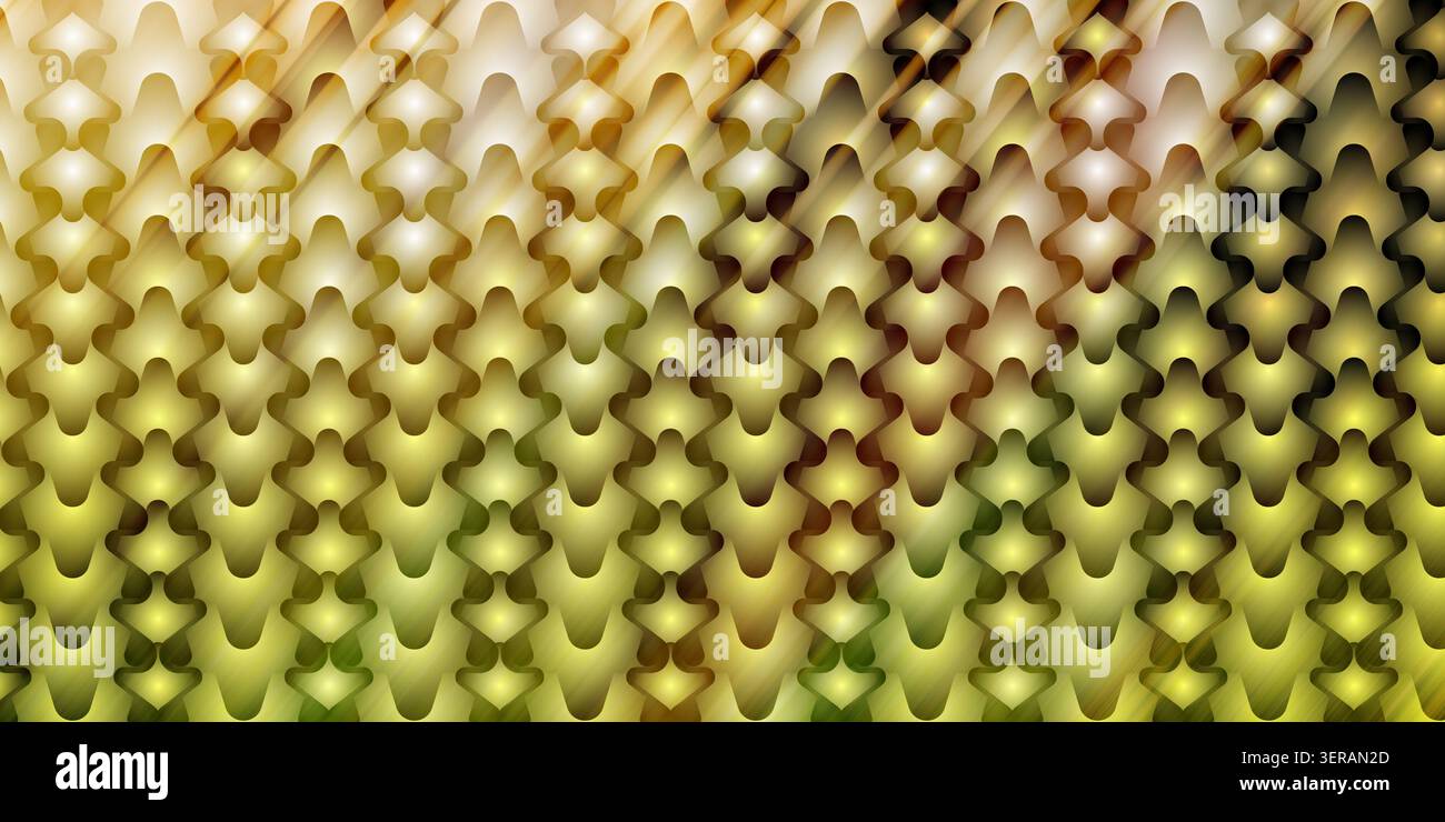 Ein sich wiederholender Hintergrund mit einem goldenen gelben Farbverlauf mit hellen Streifen, der ein luxuriöses und strukturiertes Erscheinungsbild schafft. Stockfoto