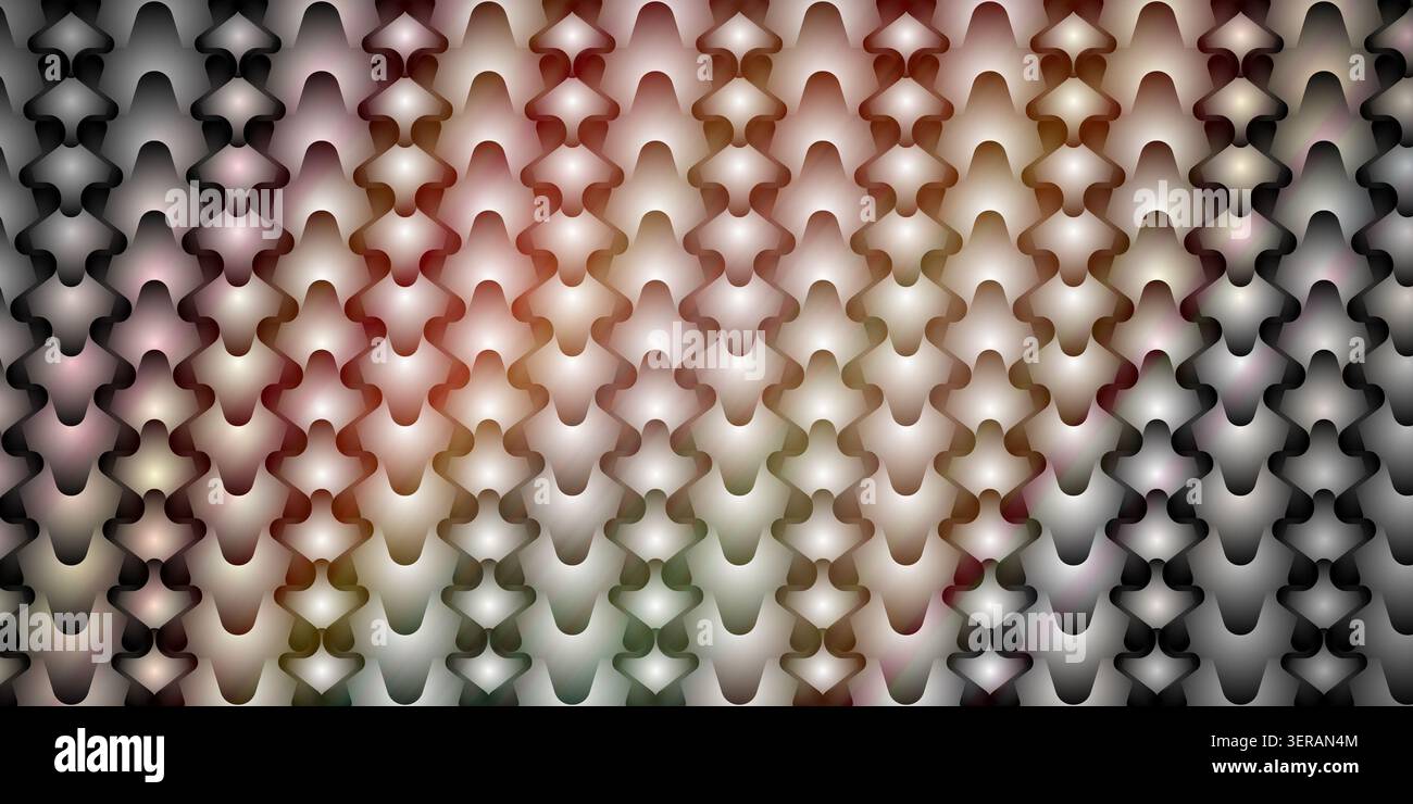Ein nahtloser abstrakter Hintergrund mit einem sich wiederholenden Muster stilisierter, ineinander greifender Formen mit einem komplexen Farbverlauf aus Metallic- und Erdtönen. Stockfoto