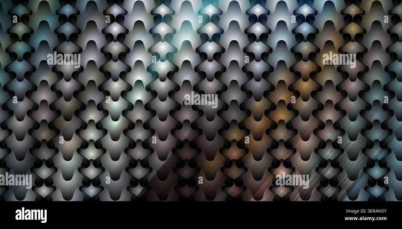 Ein nahtloser digitaler Hintergrund mit einem sich wiederholenden metallischen Kettenblatt oder Skalenmuster mit sanften blauen und grauen Verlaufslichteffekten. Stockfoto
