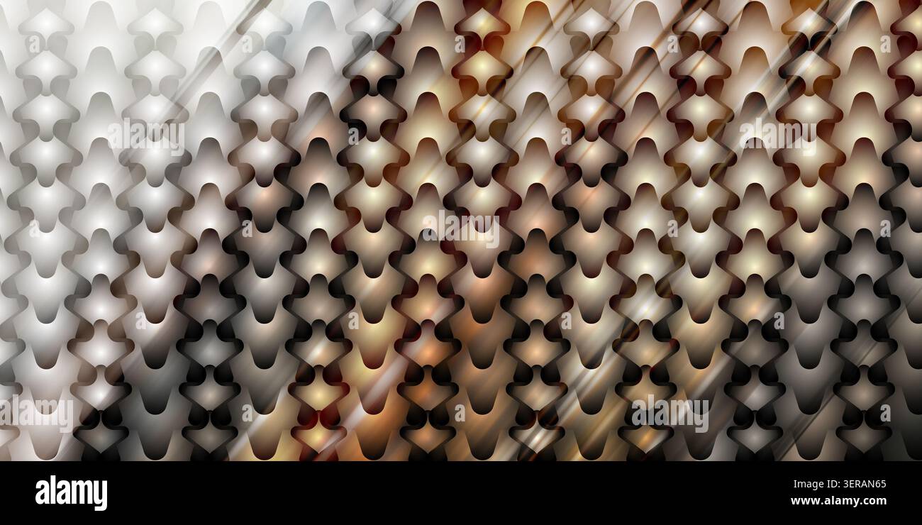 Ein nahtloser digitaler Hintergrund mit einem sich wiederholenden metallischen Kettenblatt oder Schuppenmuster mit warmen Bronze- und Goldstreifen. Stockfoto