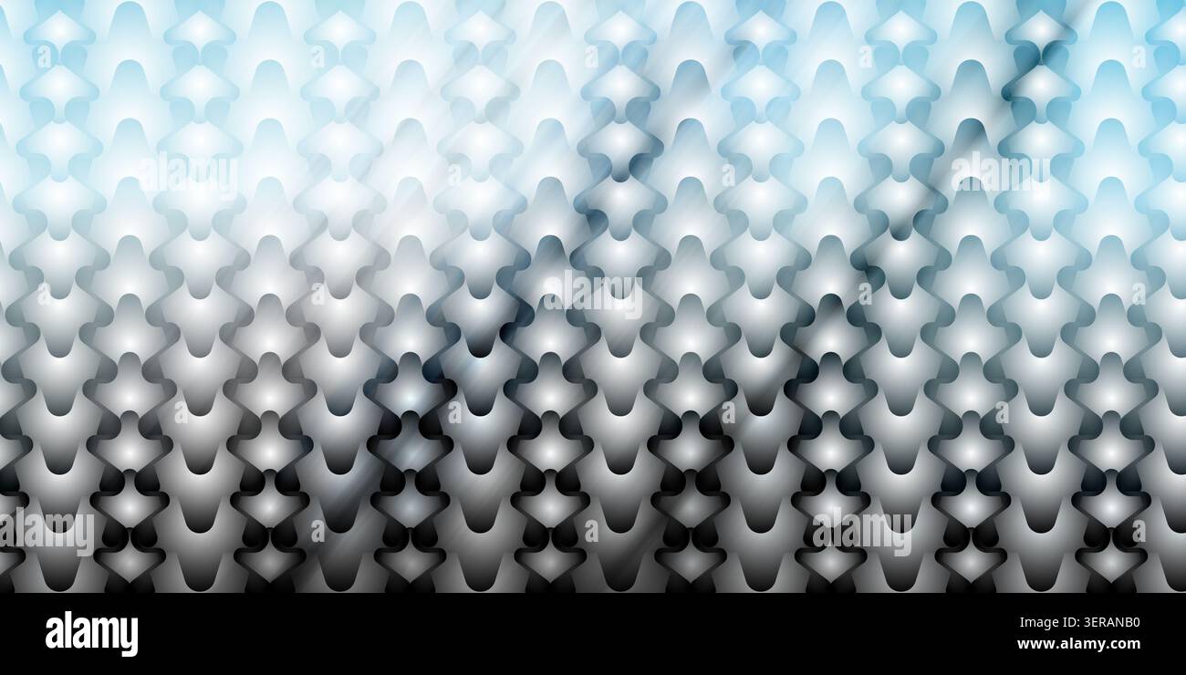Ein nahtloser abstrakter Hintergrund mit einem sich wiederholenden Muster stilisierter, abgerundeter geometrischer Formen mit einem glatten Blau-weiß-Verlaufseffekt. Stockfoto