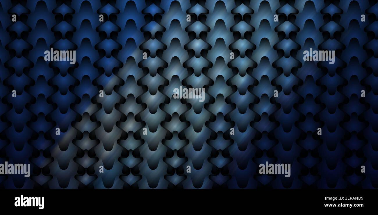 Ein nahtloser abstrakter Hintergrund mit einem sich wiederholenden Muster aus stilisierten blauen Formen mit einem metallischen Verlaufseffekt und diagonalen Lichtstreifen. Stockfoto