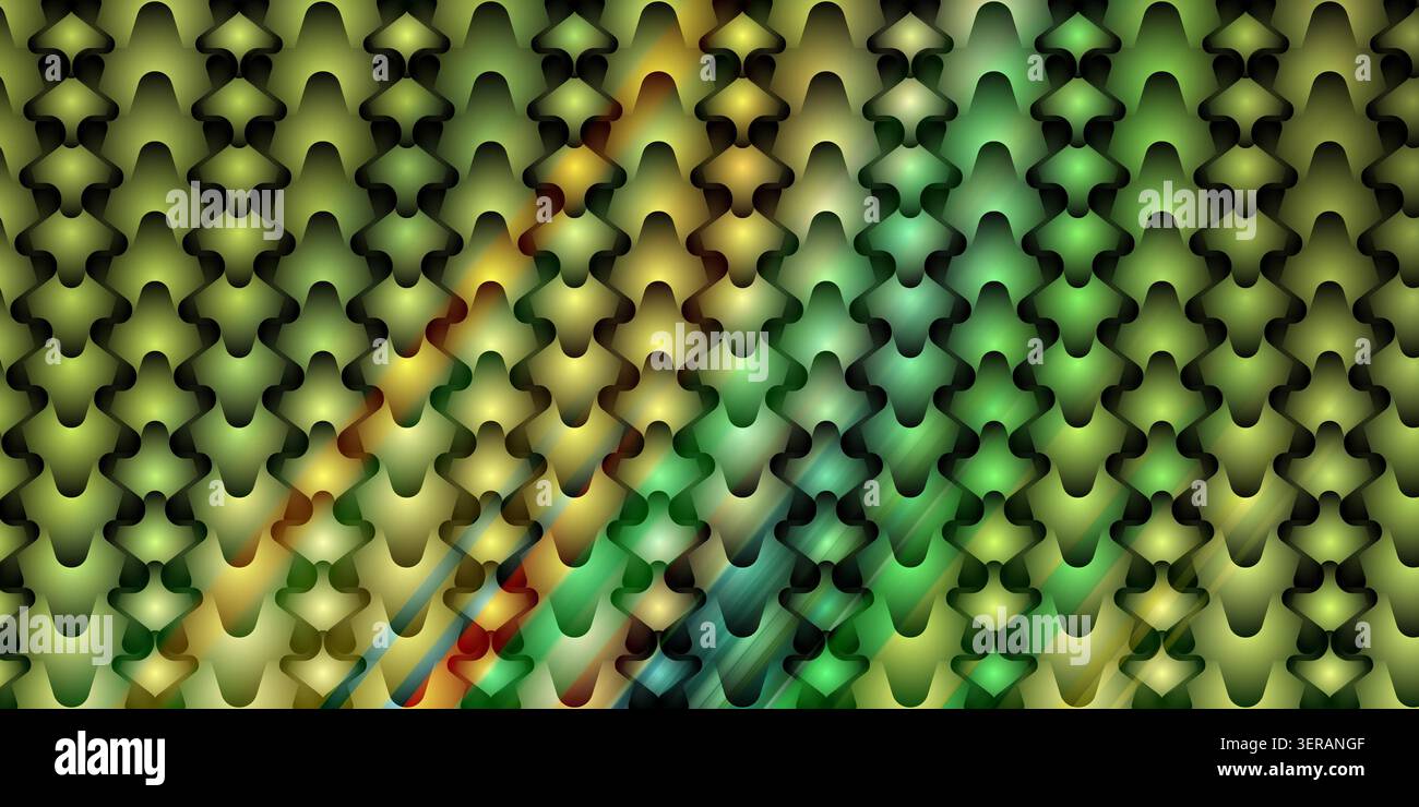 Ein nahtloser abstrakter Hintergrund mit einem sich wiederholenden Muster stilisierter grüner Formen mit metallischem Verlaufseffekt und diagonalen Lichtstreifen. Stockfoto