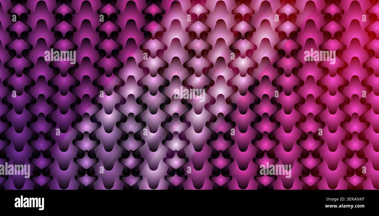 Ein nahtloser abstrakter Hintergrund mit einem sich wiederholenden Muster aus stilisierten, miteinander verbundenen Schuppen oder Rüstungsplatten mit einem leuchtenden Pink- und Magenta-Gradie Stockfoto
