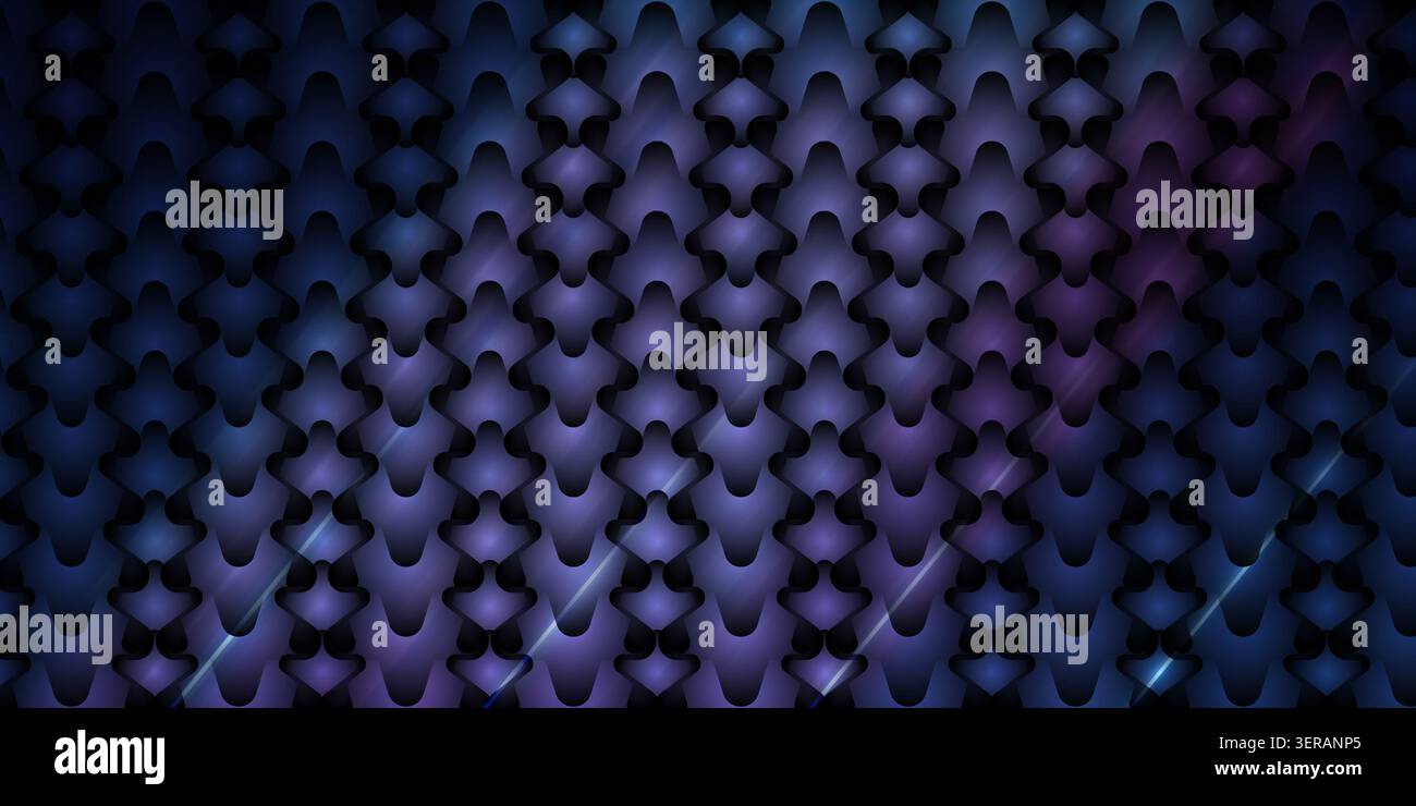 Ein nahtloser abstrakter Hintergrund mit einem sich wiederholenden Muster aus stilisierten, miteinander verbundenen Schuppen oder Rüstungsplatten mit einem glatten blau-violetten Farbverlauf Stockfoto