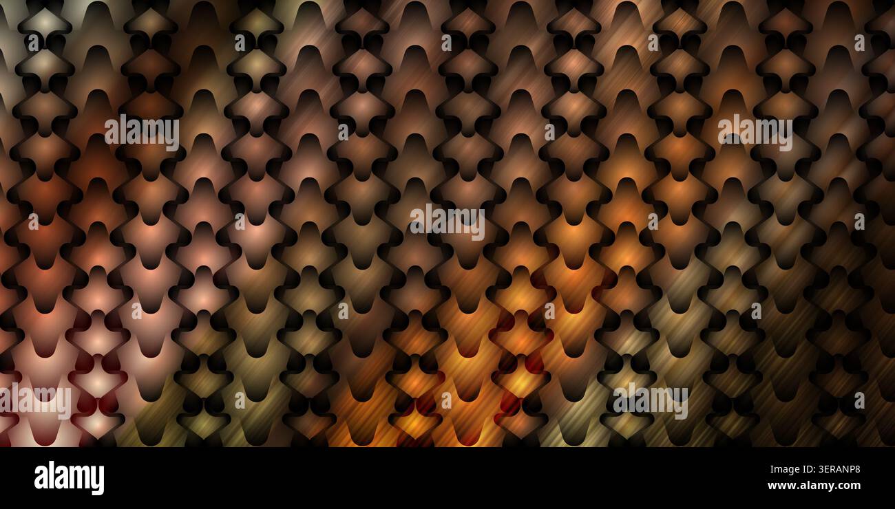 Ein nahtloser abstrakter Hintergrund mit einem sich wiederholenden Muster aus stilisierten, miteinander verbundenen Schuppen oder Rüstungsplatten mit einem warmen braunen und bronzenen Farbverlauf. Stockfoto