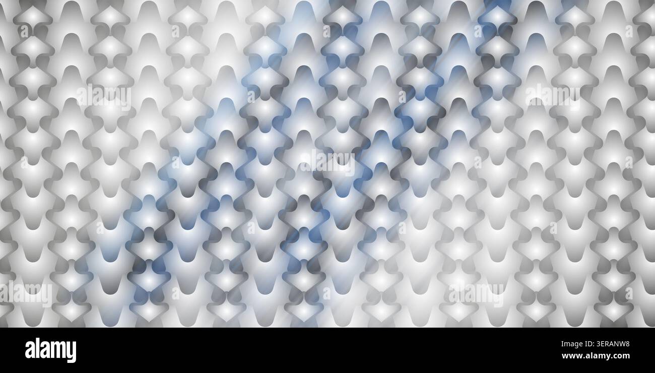 Ein nahtloser abstrakter Hintergrund mit einem sich wiederholenden Muster aus stilisierten, ineinander greifenden Formen in kühlen Silber-, Grau- und dezenten Blautönen. Stockfoto