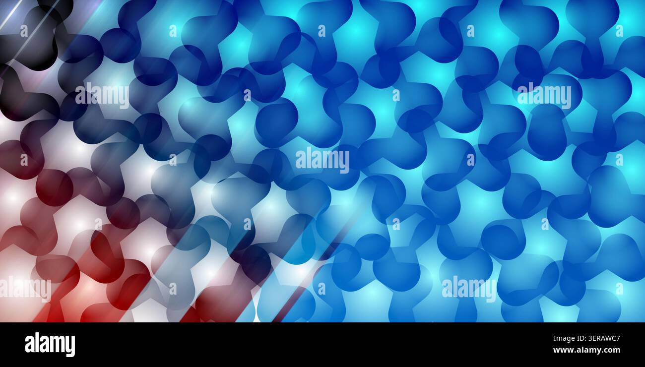 Abstrakter Hintergrund mit einem Muster aus sich überlappenden organischen Formen mit einem leuchtenden blauen Farbverlauf und dezenten roten Akzenten in der Ecke. Stockfoto