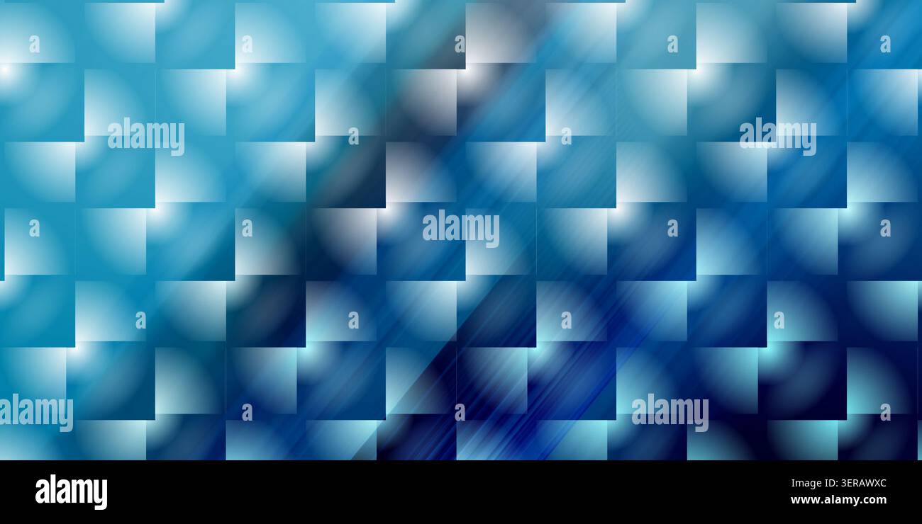 Ein leuchtend blauer abstrakter Hintergrund, bestehend aus einem Raster aus Quadraten mit kreisförmigen Verläufen und diagonalen Lichtstreifen, der eine dynamische, technisch inspirierte Atmosphäre schafft Stockfoto