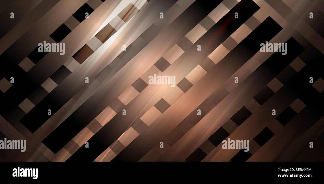Ein raffinierter abstrakter Hintergrund mit diagonalen Bronzestreifen und einem Raster aus dunklen und metallischen Quadraten für ein luxuriöses Tech-Feeling. Stockfoto