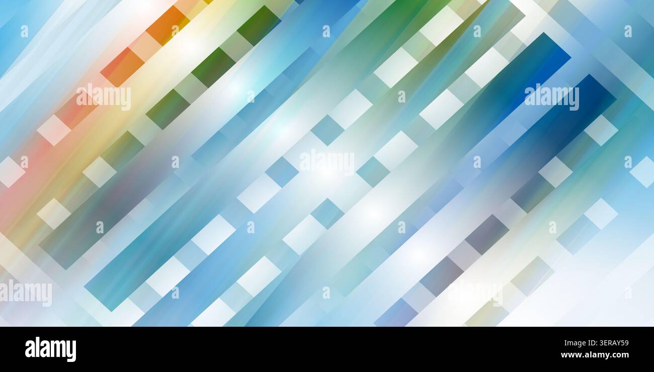 Abstrakter Hintergrund mit diagonalen blauen Streifen und einem Raster aus quadratischen Mustern, die eine kühle, ruhige und moderne Ästhetik schaffen. Stockfoto
