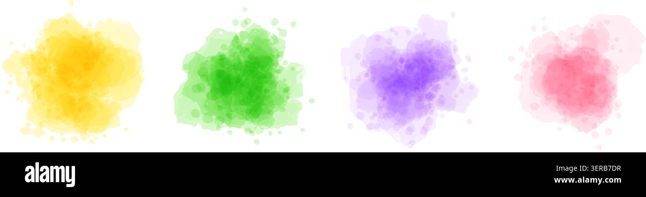 Gelbgrüner violetter rosafarbener Fleckenbesatz. Flüssigaquarell-Textur-Spritzer-Effekte. Pastellfarbene runde Tinte oder Pinselstriche. Feuchte Farbspritzer, Flecken, Tropfen. Vektor Stock Vektor
