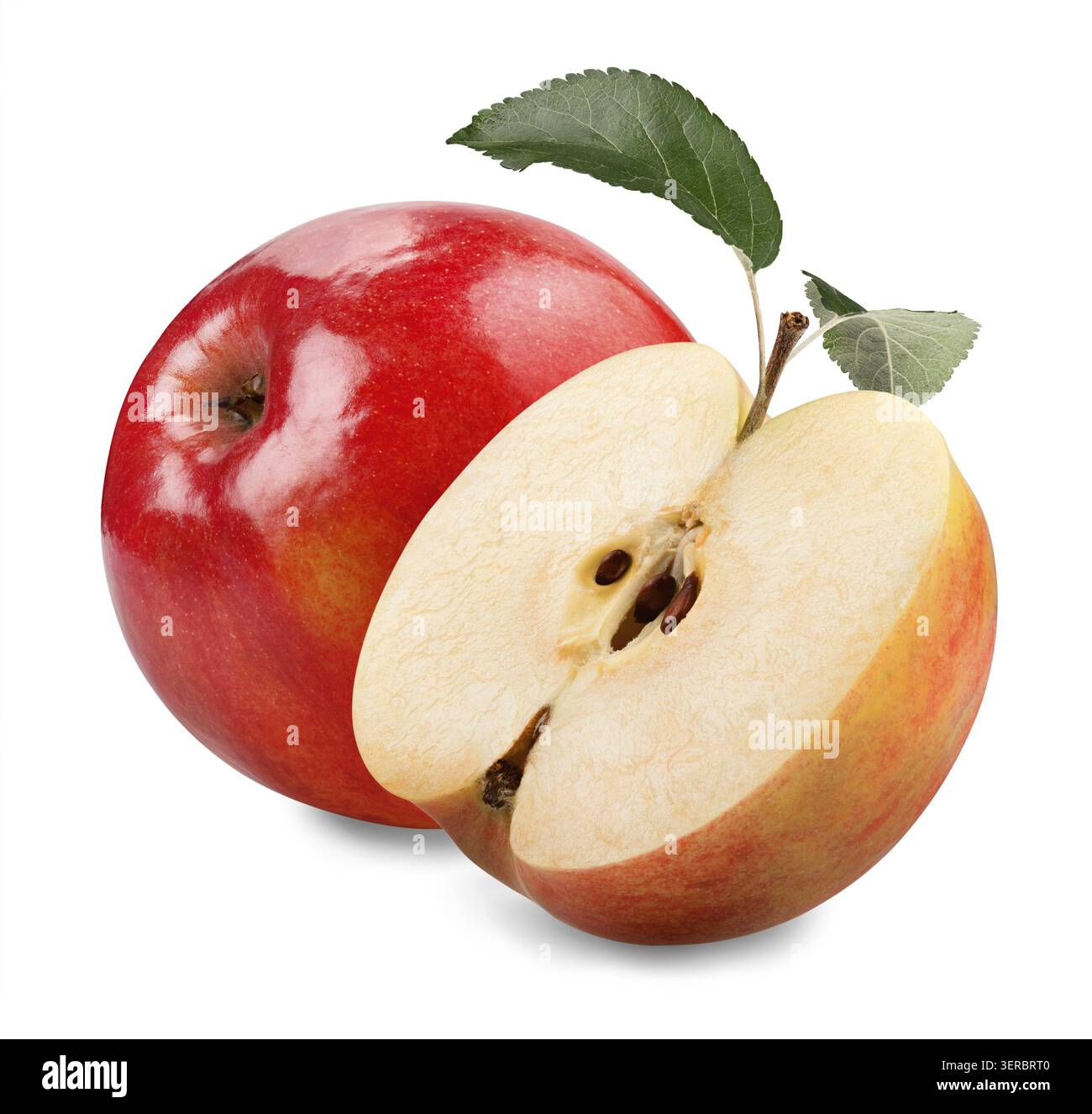 Roter Apfel mit grünem Blatt und Scheibe isoliert auf weißem Hintergrund Stockfoto