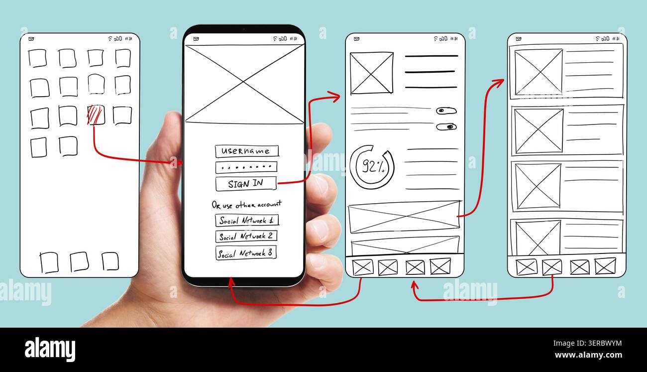 UI-Entwicklung. Handheld-Smartphone mit drahtgebundener Benutzeroberfläche, Prototypen einer mobilen Anwendung auf blauem Hintergrund Stockfoto