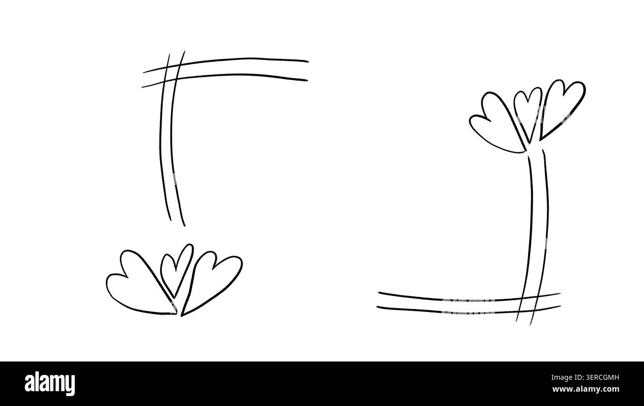 Handgezeichnetes romantisches Doodle-Rahmen-Set, Herz-Minimal-Line-Art-Eckskizze Stockfoto