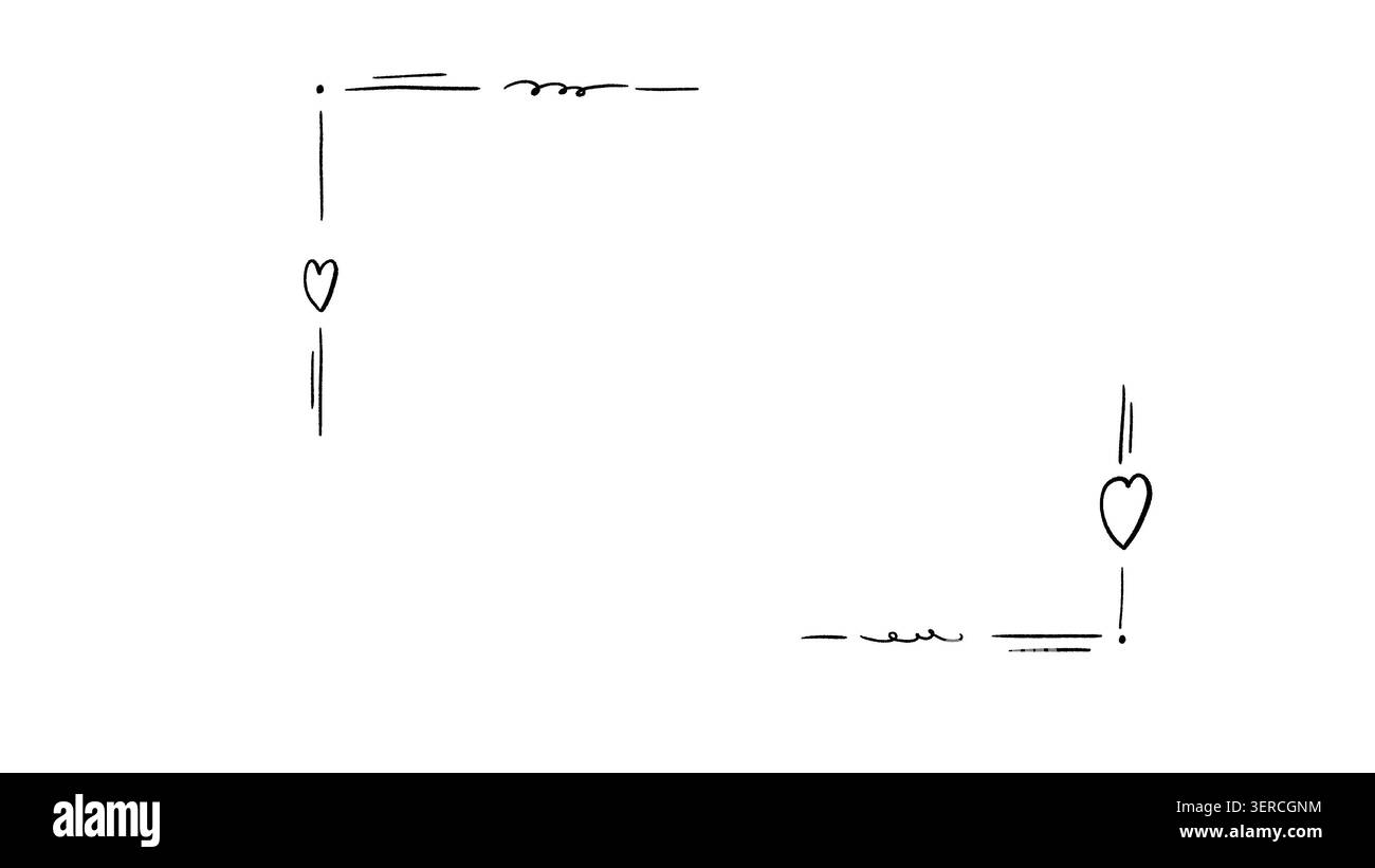 Handgezeichneter niedlicher Doodle-Rahmen, Herz-Minimal-Line-Art-Eckzeichnung Stockfoto