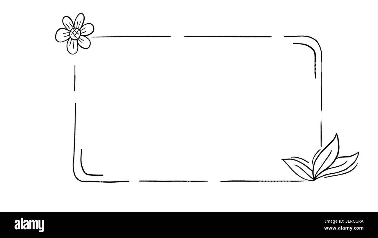 Handgezeichneter Rahmen mit floralem Doodle, Blume und Blätter minimaler Liniengrafik mit rechteckigem Rand Stockfoto