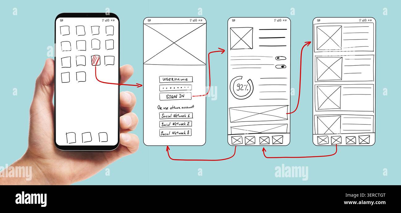 UI-Entwicklung. Handheld-Smartphone mit drahtgebundener Benutzeroberfläche, Prototypen einer mobilen Anwendung auf blauem Hintergrund Stockfoto