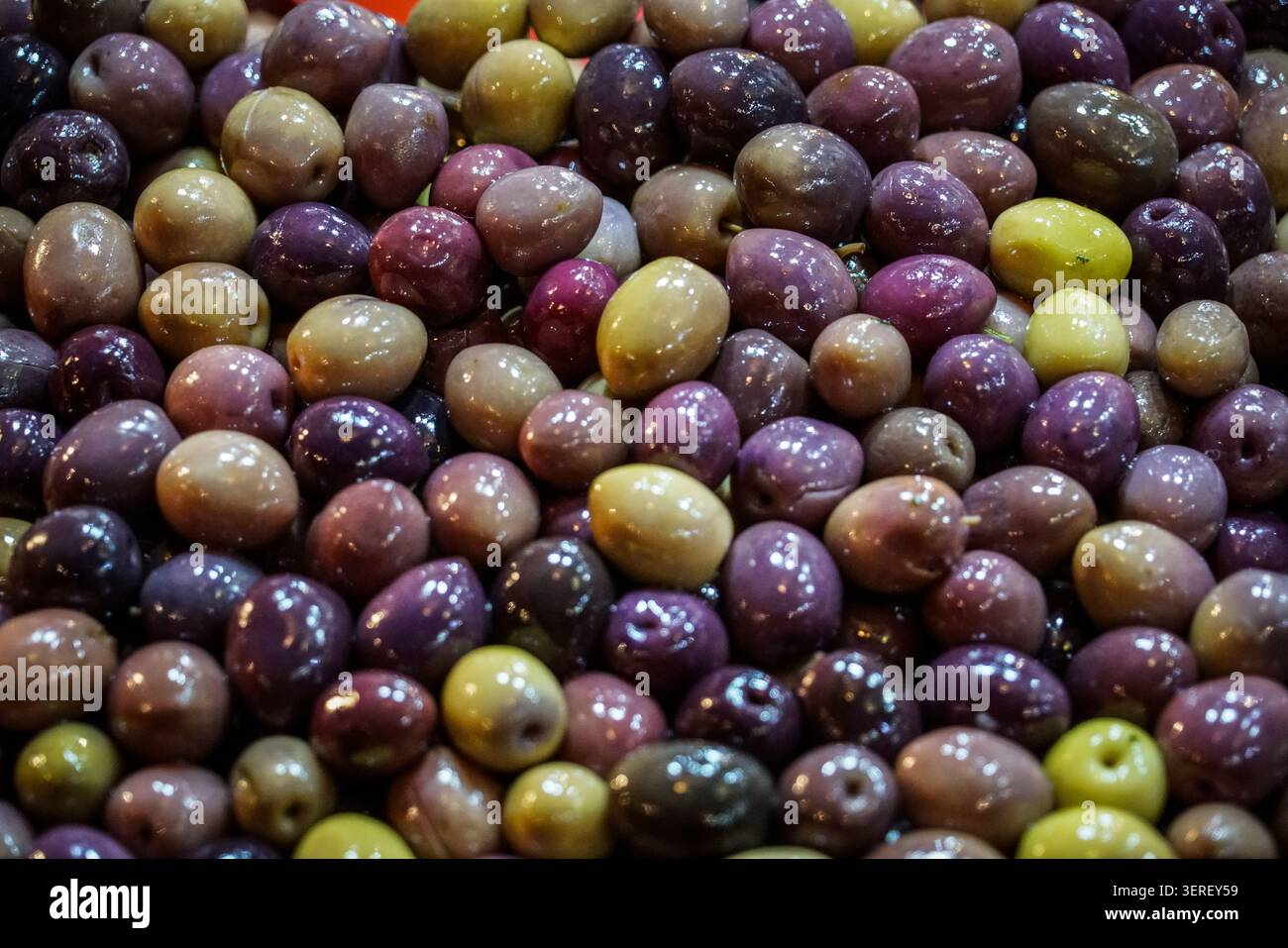 Eine lebendige Nahaufnahme eines großen Sortiments an gebratenen Oliven in verschiedenen Grün-, Violett- und Schwarztönen. Diese glitzernden Oliven A Stockfoto