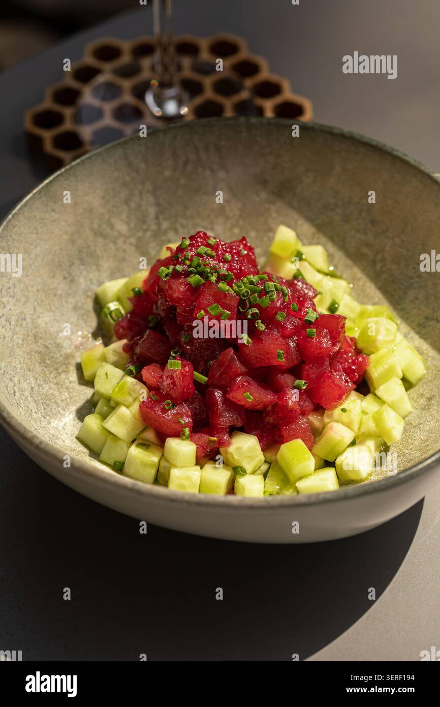 Frischer Thunfisch-Tatar mit Gurkenwürfeln Stockfoto