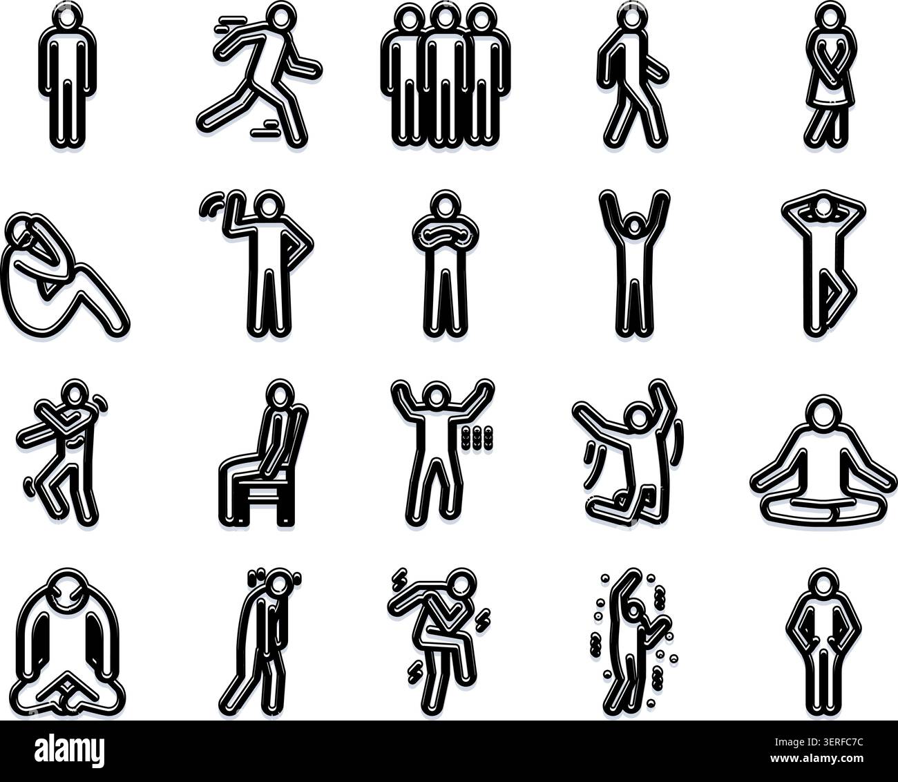 Sammlung von Stabfiguren, die verschiedene menschliche Posen, Handlungen und Emotionen wie Gehen, Laufen, Sitzen, Feiern, Meditieren, Stock Vektor