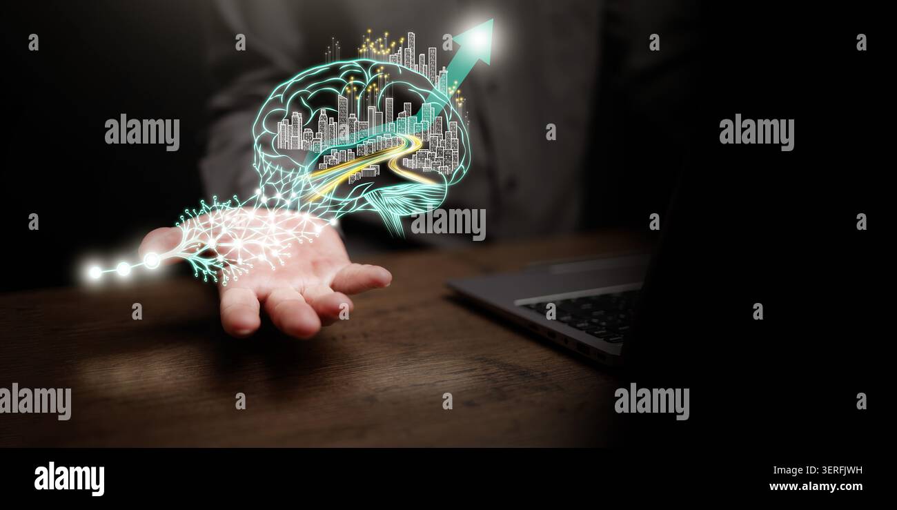 Geschäftsmann, der KI-Gehirn mit Smart City, digitalem neuronalem Netzwerk und Aufwärtspfeil hält. Technologisches Wachstum, künstliche Intelligenz, Innovation, Stockfoto