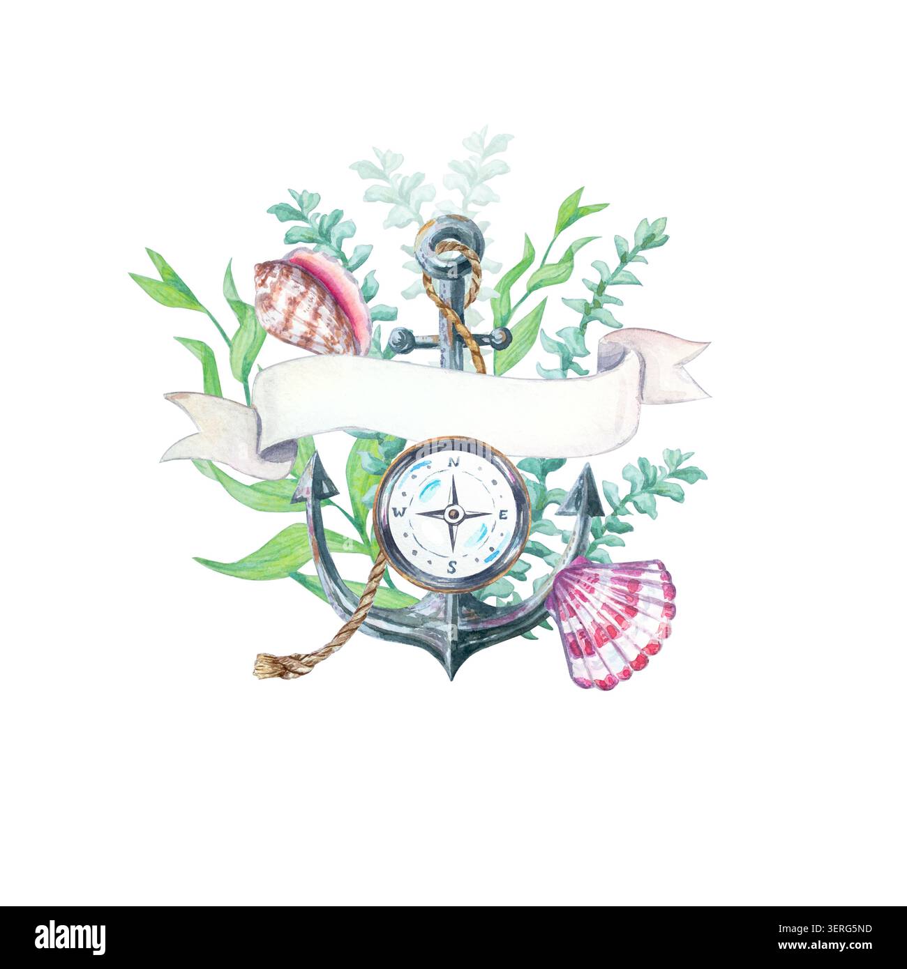 Aquarellstrauß mit Anker, Kompass, leerem Bändchen und Muschel. Handgezeichnete Meeresillustration isoliert auf grünem Algenelement. Stockfoto