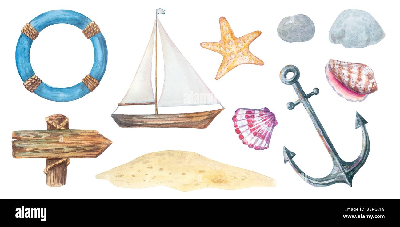 Nautische Meeresaquarellkollektion mit minimalistischen Segelbooten, detaillierten Muschelpaaren, blauen Rettungsankern, rustikalem Holzschild, Sandinsel Stockfoto