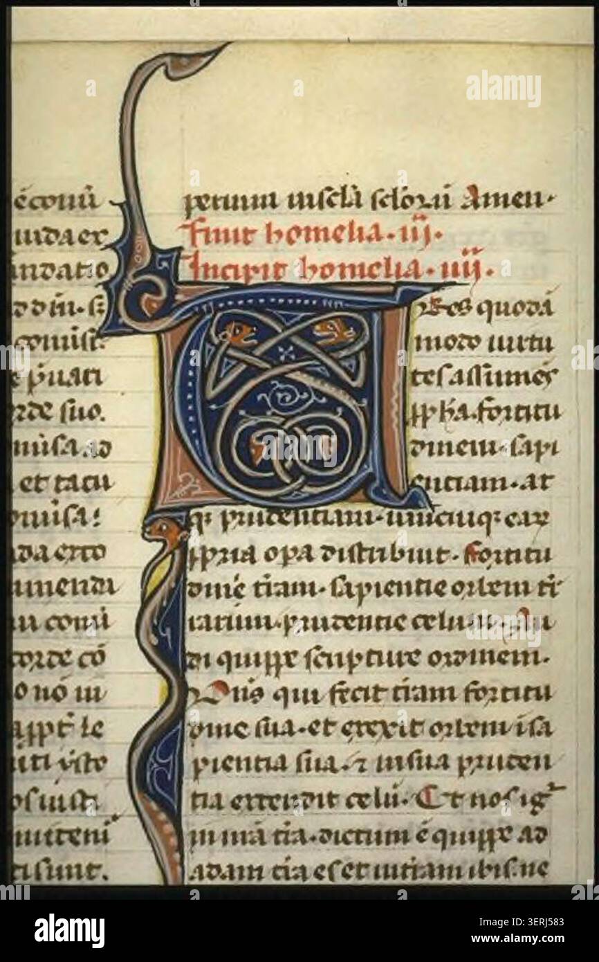 Das dekorierte Initial T in einer mittelalterlichen Handschrift aus dem Jahr 1250 bildet pflanzliche Ornamente und fantastische Tierbilder innerhalb der gotischen lateinischen Schrifttradition. Stockfoto