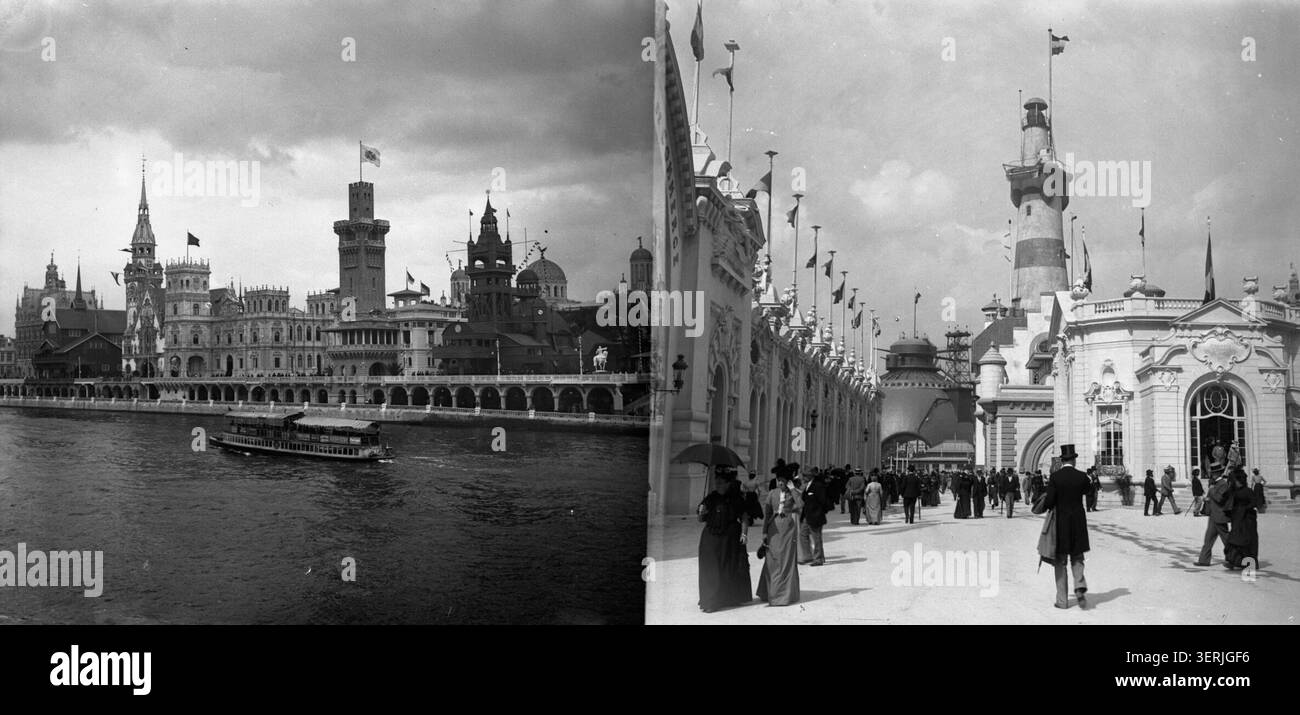 Eine Fotografie aus dem Jahr 1900 dokumentiert eine weitere Ansicht der Internationalen Ausstellung in Paris, wobei der Schwerpunkt auf den für die Ausstellung errichteten Bauwerken und der temporären Architektur liegt, die Emile Duchemin während der Veranstaltung fotografiert hat. Stockfoto