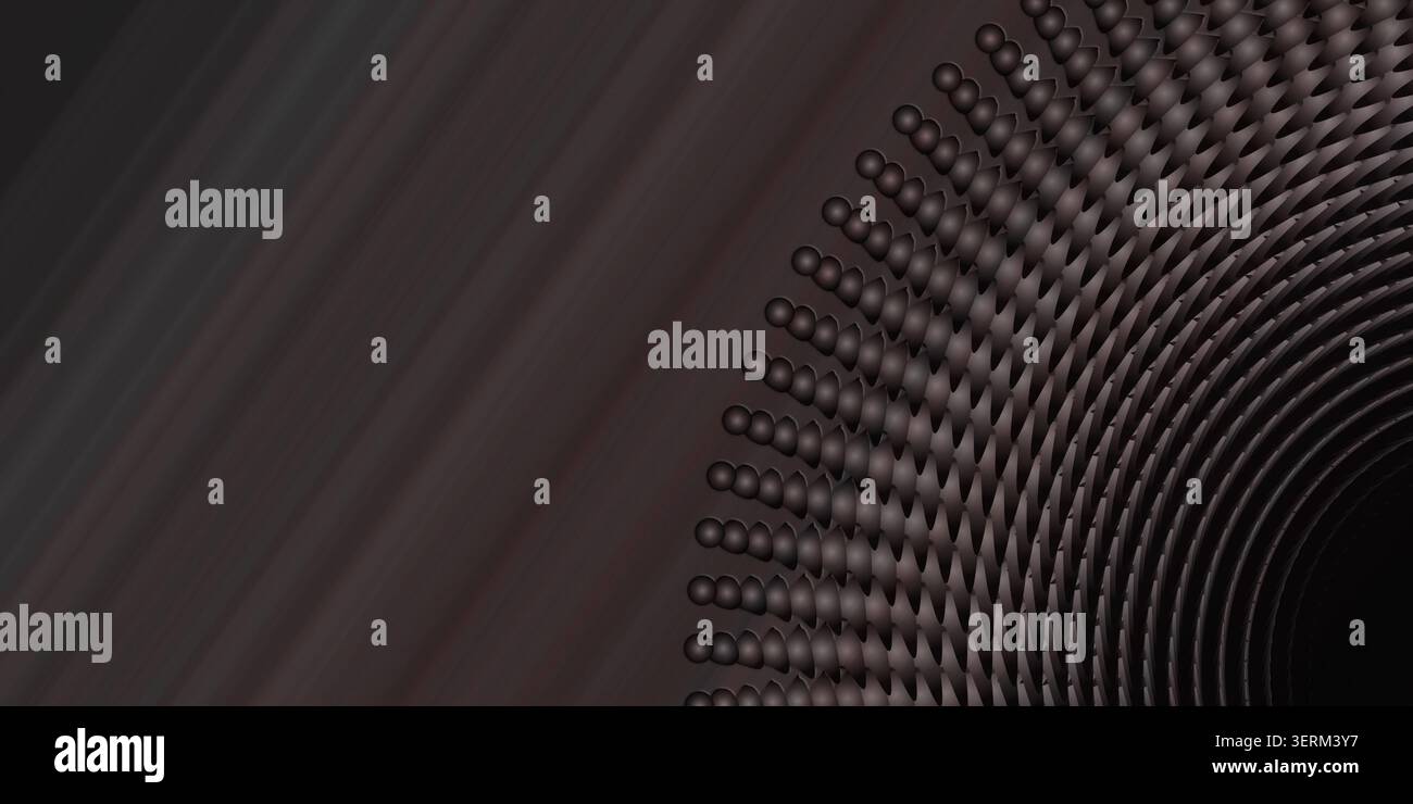 Ein dunkler, stimmungsvoller abstrakter Hintergrund mit einem subtilen Grau-Schwarz-Farbverlauf, mit einem sich wiederholenden Muster aus kreisförmigen Punkten, die in einer radialen Fächerform angeordnet sind Stockfoto