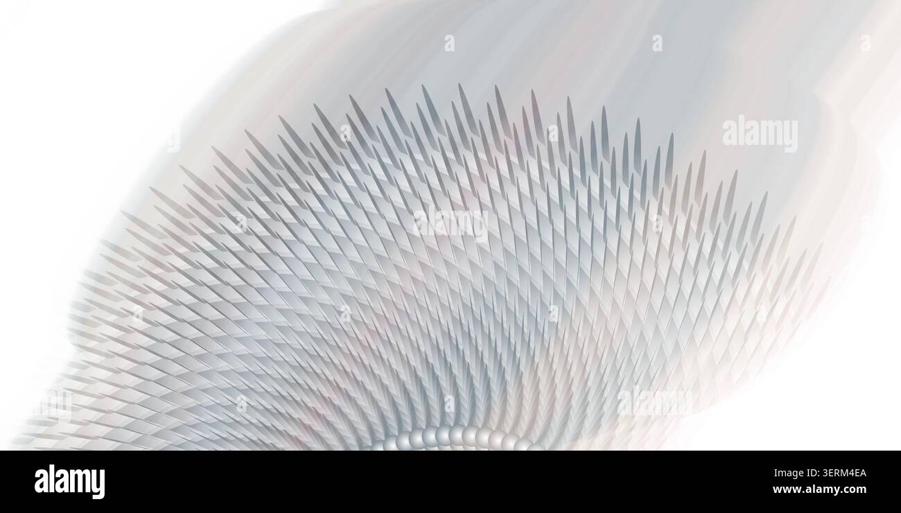 Eine abstrakte digitale Kunstkomposition mit einer fächerähnlichen Anordnung scharfer, nadelartiger Elemente, die von einem zentralen Punkt ausstrahlen, isoliert auf weiß Stockfoto