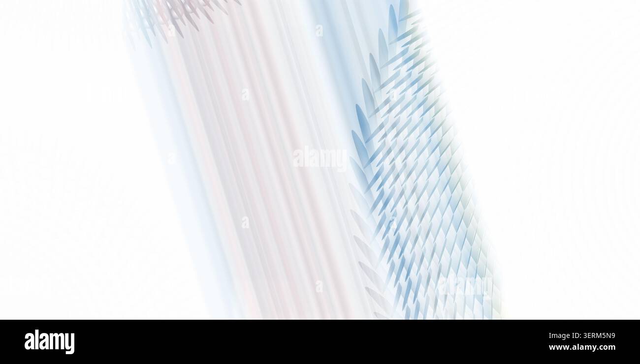 Ein abstraktes diagonales Design mit hellblauen strukturierten Schuppen und weichen Pastellstreifen, isoliert auf einem sauberen weißen Hintergrund. Stockfoto