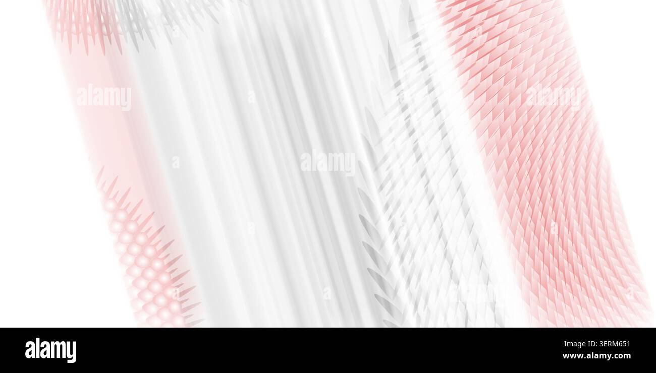 Eine abstrakte diagonale Komposition mit pinkfarbenen strukturierten Schuppen, Punkten und weichen grauen Streifen, isoliert auf einem sauberen weißen Hintergrund. Stockfoto