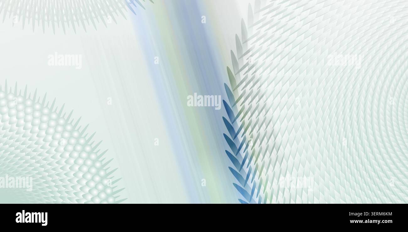 Ein abstrakter digitaler Kunsthintergrund mit sich wiederholenden geometrischen Mustern, weichen Lichtstreifen und dezenten blauen und grünen Farbverläufen. Stockfoto