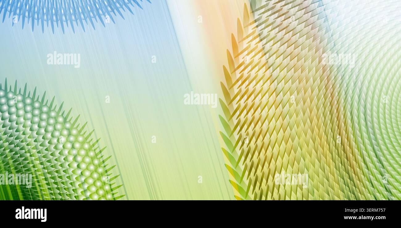 Ein moderner abstrakter Hintergrund mit sich wiederholenden geometrischen Formen, radialen Mustern und glatten Farbverläufen in Grün- und Gelbtönen. Stockfoto